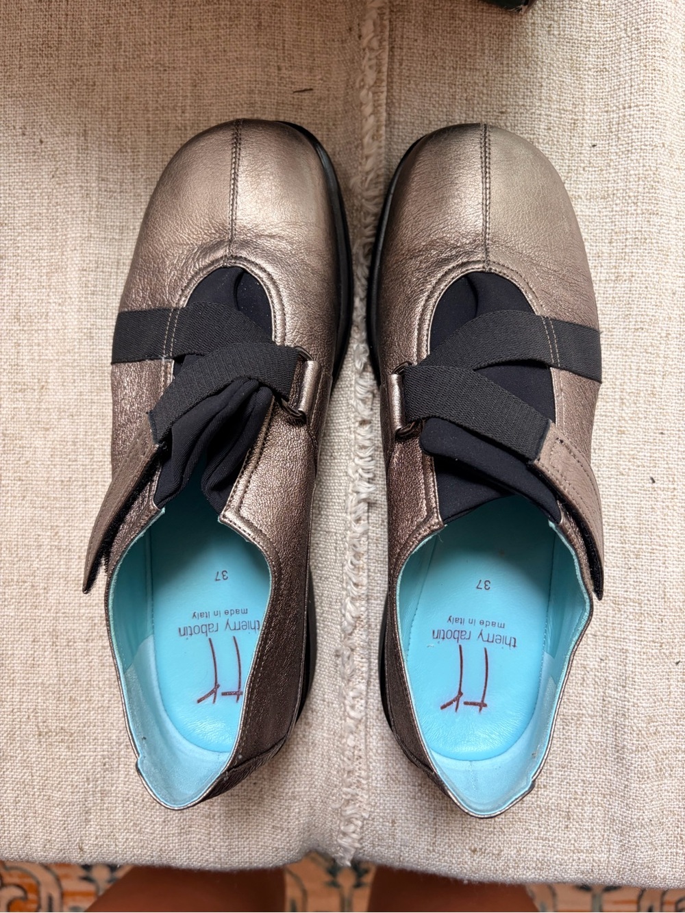 Thierry Rabotin Metallic Bronze Leather Slip-On Flats with Elastic Straps